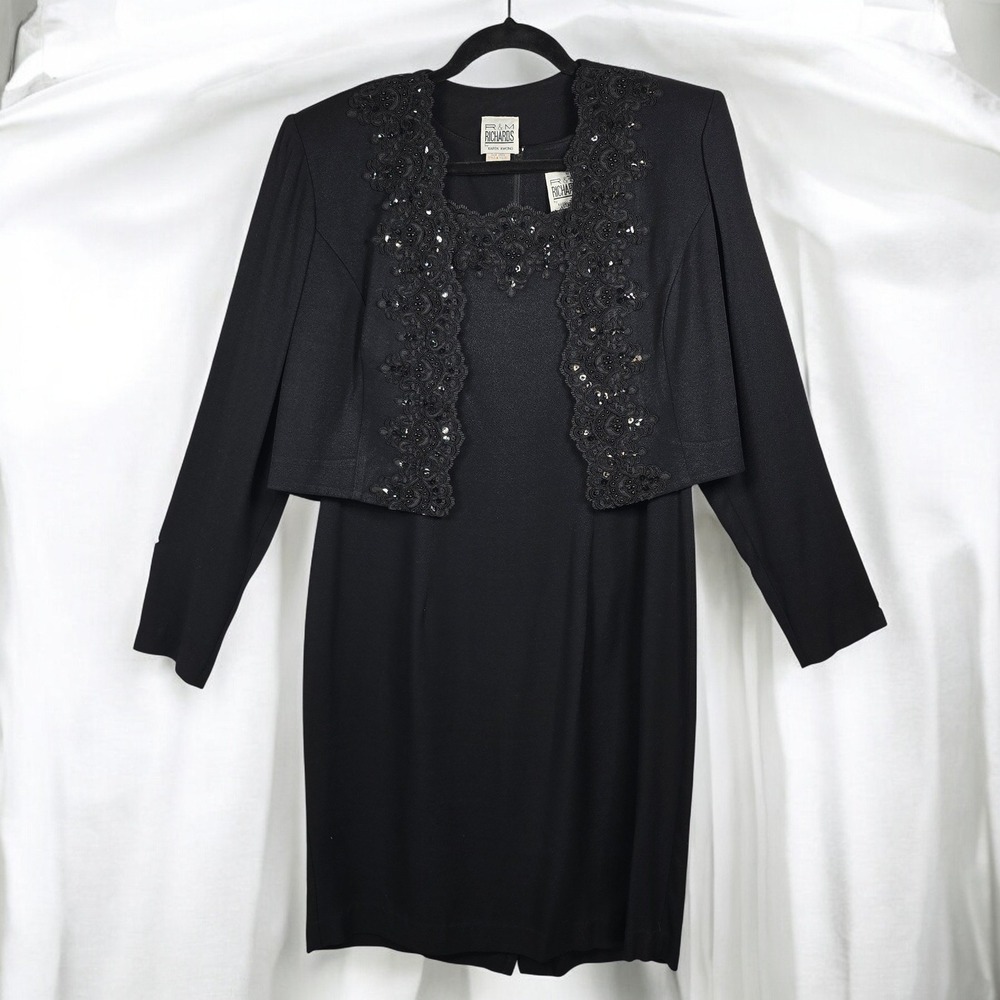 Vintage R&M Richards by Karen Kwong Dress Jacket Set Woman 12 Black Sequins Lace